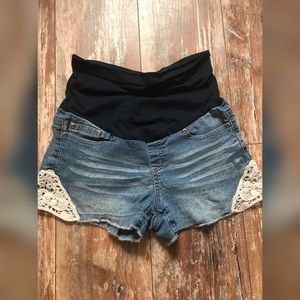 Denim Maternity Shorts with Crochet Detail
